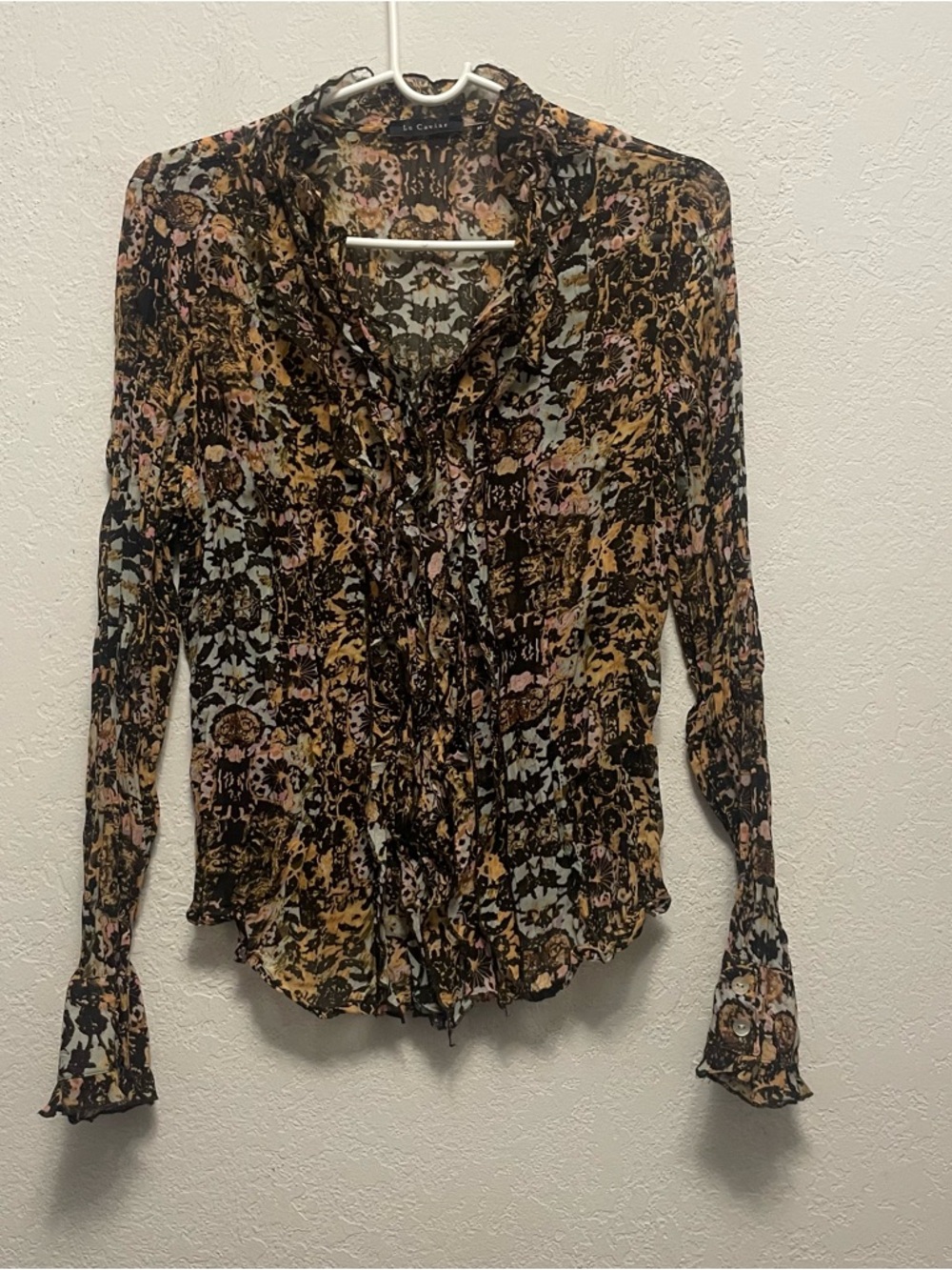 Le Caviar Floral Ruffle Long-Sleeve Blouse in Black and Mustard